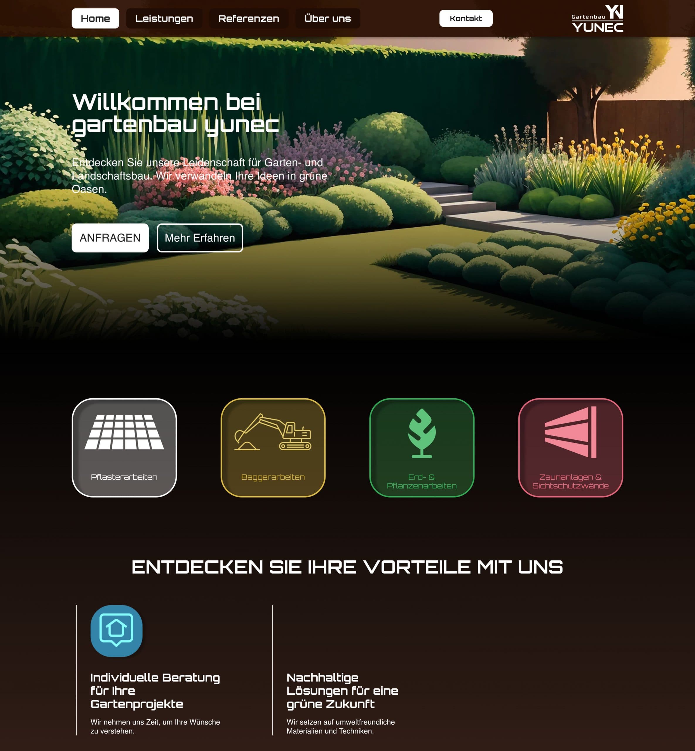 Startseite Gartenbau Yunec mit illustriertem Garten-Hero, Service-Icons und dunklem Hintergrund